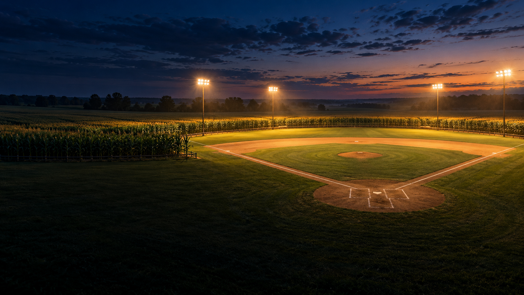 Illuminated baseball field surrounded by corn at dusk; conceptual illustration