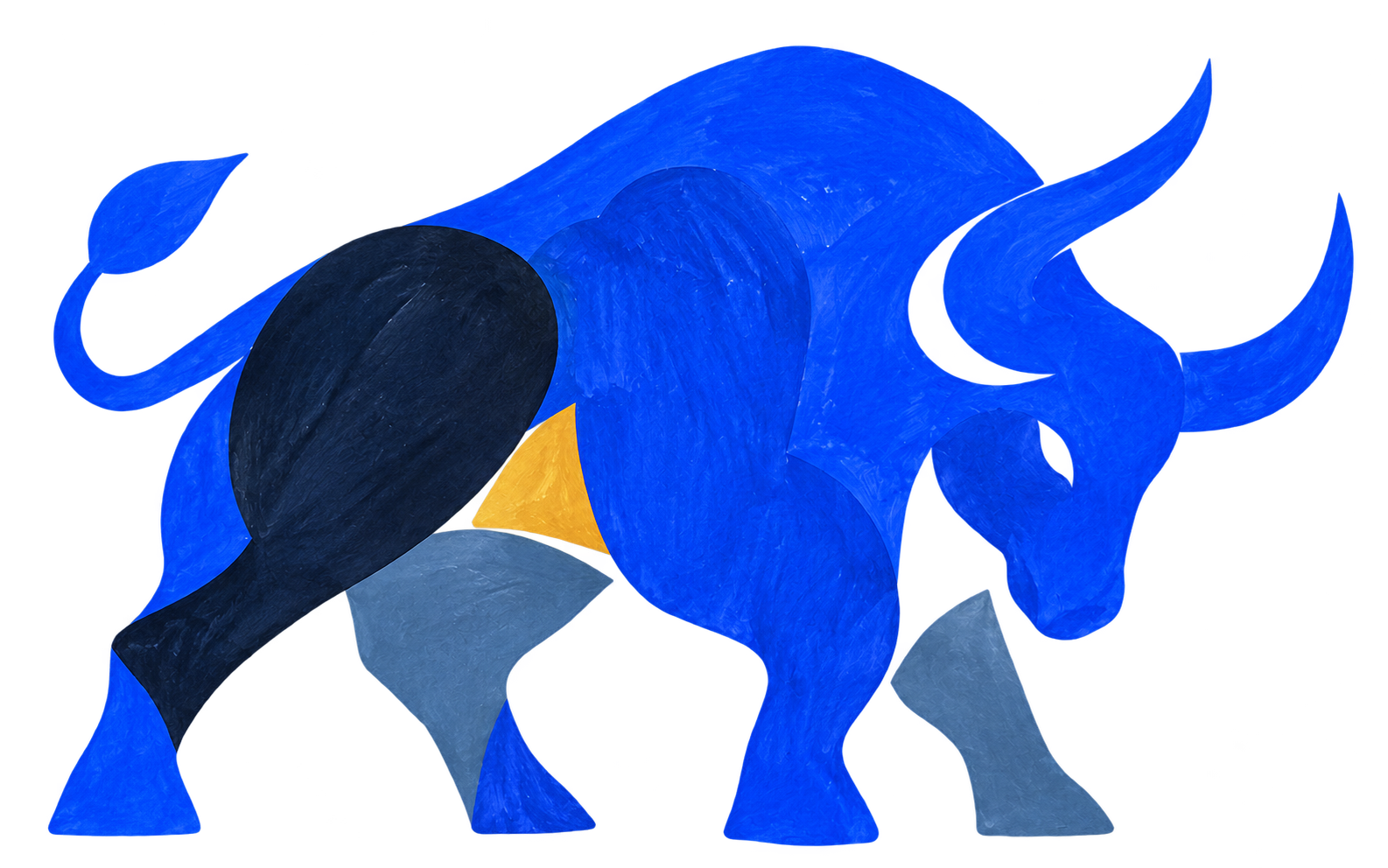 Fauve’s painted bull in electric blue, navy, steel blue, and ochre