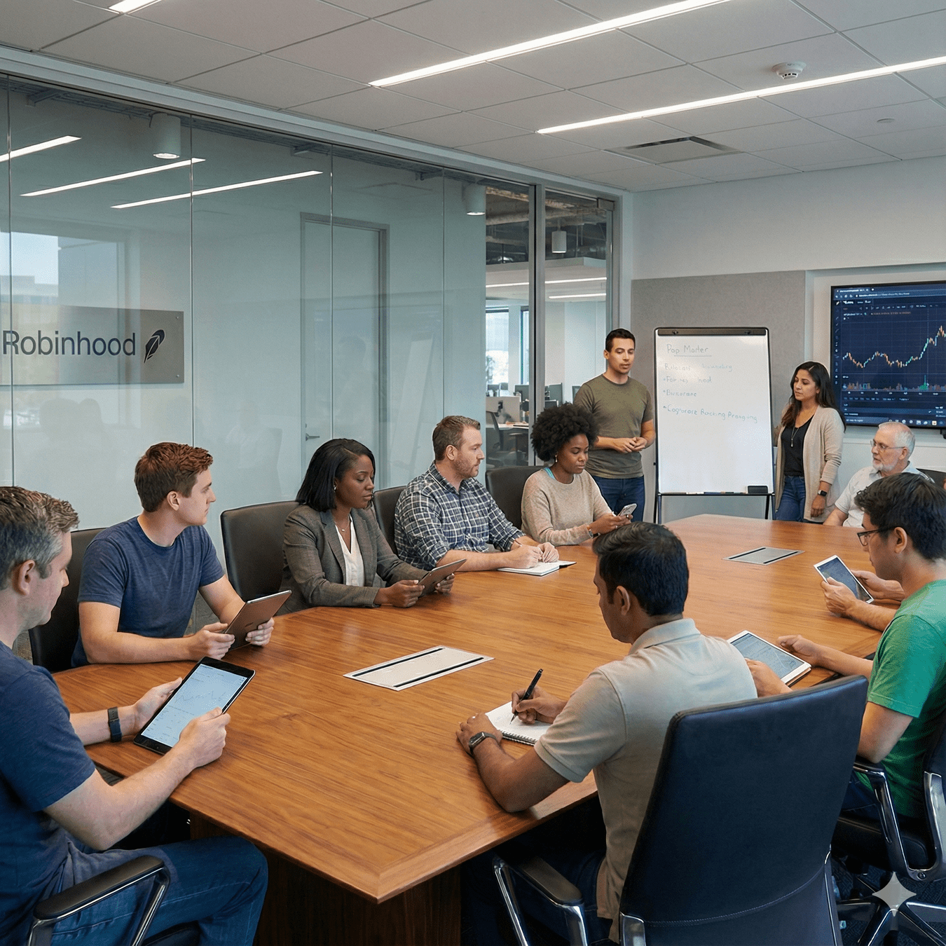 Portfolio cover image of a research discussion in a Robinhood office